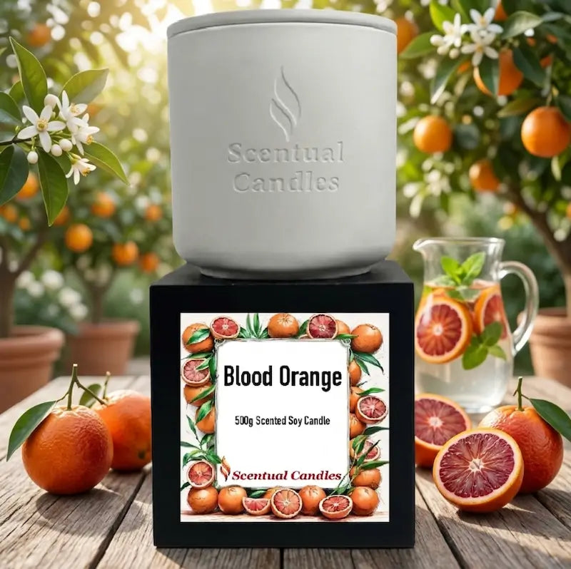 Blood Orange Candle by Scentual Candles, 500g scented soy candle in a white container with a vibrant label.