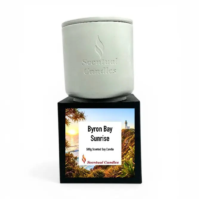 Byron Bay Scented Soy Candle product image featuring Byron Bay Sunrise scent with decorative packaging.