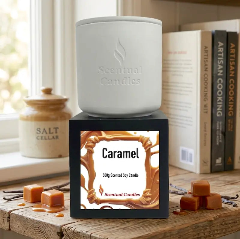 Caramel Candle - 500g Scented Soy Candle by Scentual Candles with caramel-themed packaging.
