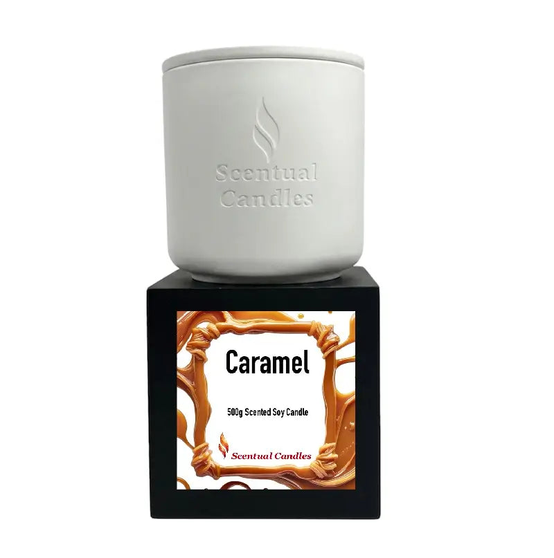Caramel Candle - 500g Scented Soy Candle by Scentual Candles with caramel-themed packaging.