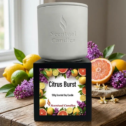 Citrus Candle in a sleek white container with vibrant Citrus Burst label, perfect for freshening up any space.