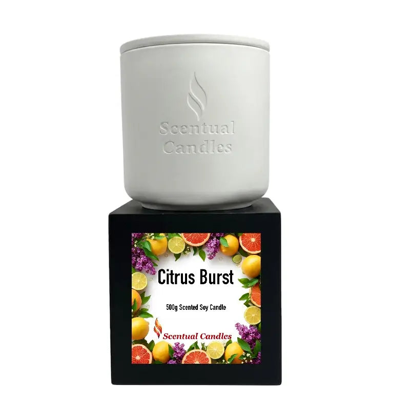 Citrus Candle in a sleek white container with vibrant Citrus Burst label, perfect for freshening up any space.