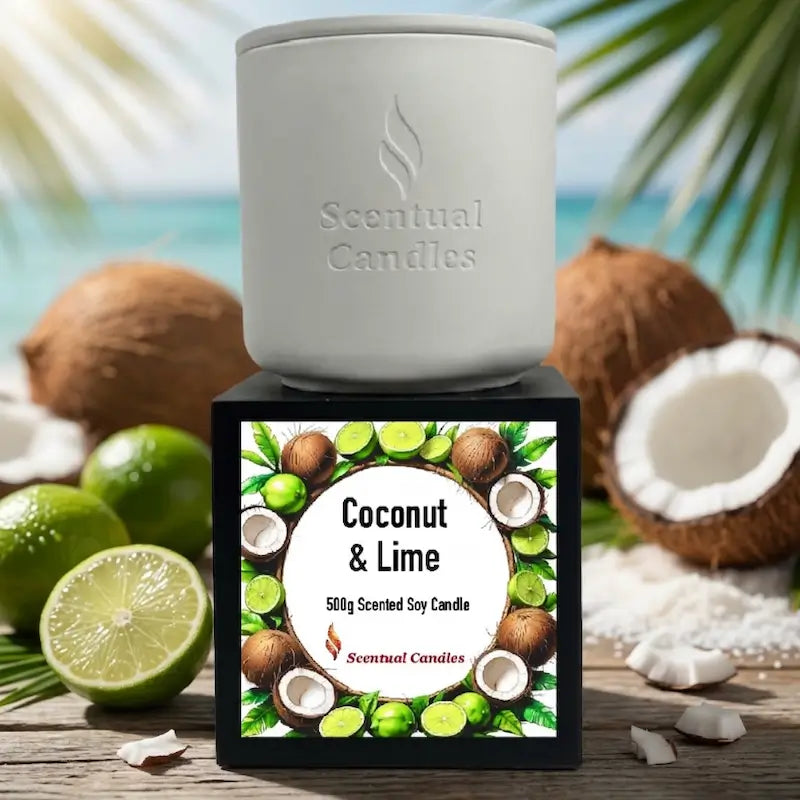 Coconut and Lime Candle - 500g Scented Soy Candle in white container with vibrant label.
