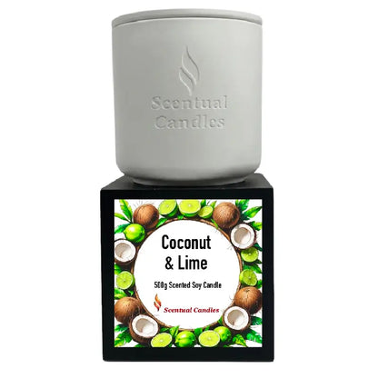Coconut and Lime Candle - 500g Scented Soy Candle in white container with vibrant label.
