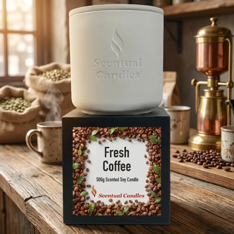 Coffee Scented Candle in a white container with a Fresh Coffee label on a black box, perfect for cozy ambiance.