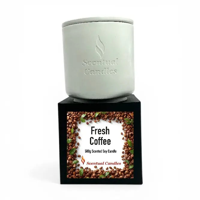 Coffee Scented Candle in white container with Fresh Coffee label and coffee beans design.