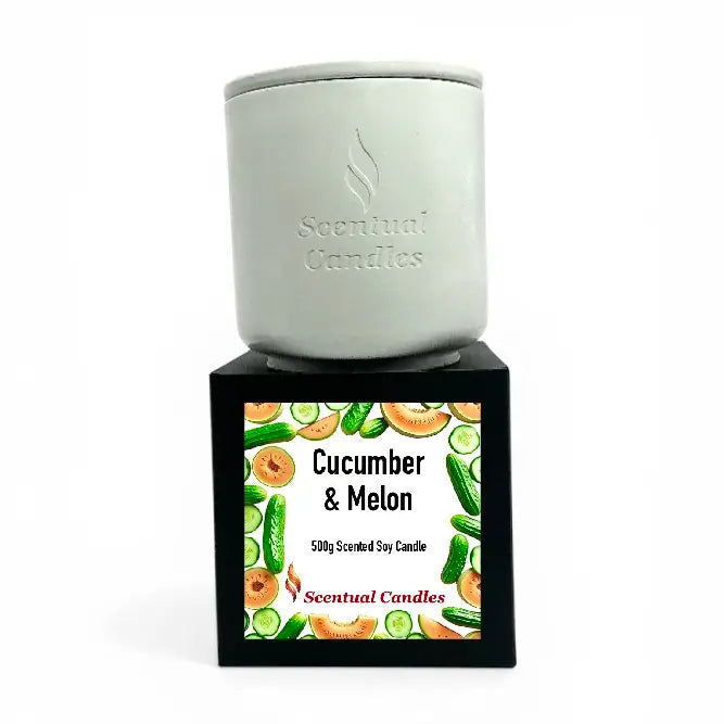 Cucumber and Melon Scented Soy Candle in a stylish container with fruit design, perfect for refreshing summer ambiance.