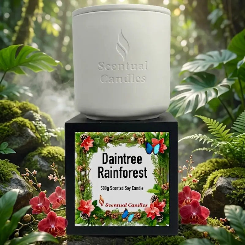 Pine Scented Candle in a natural setting, inspired by Daintree Rainforest ecosystem, showcasing vibrant floral designs.
