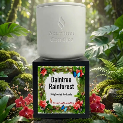 Pine Scented Candle in a natural setting, inspired by Daintree Rainforest ecosystem, showcasing vibrant floral designs.