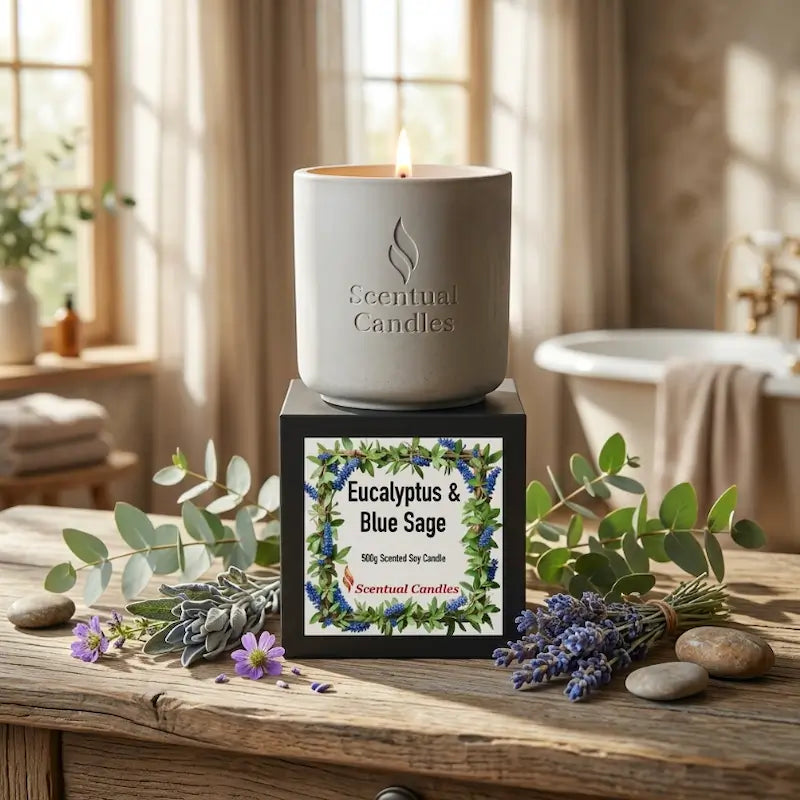 Eucalyptus Candle with Blue Sage in a decorative white container, part of the Scentual Candles collection.