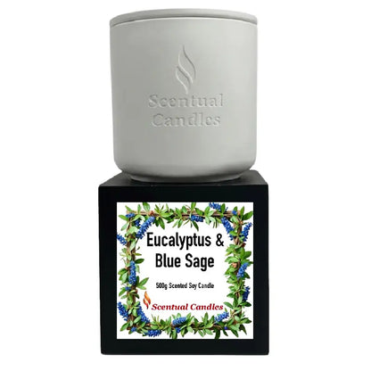 Eucalyptus Candle with Blue Sage in a decorative white container, part of the Scentual Candles collection.