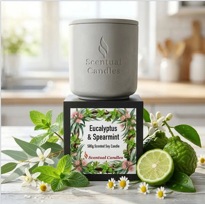 Eucalyptus Candle displayed in a stylish container with fresh mint leaves and a lime on a kitchen counter.