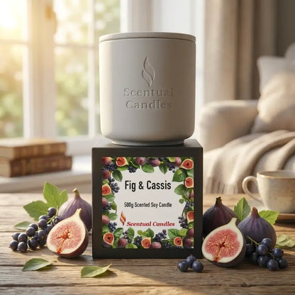 Fig Candle - Fig and Cassis Scented Soy Candle displayed with fresh figs and berries.