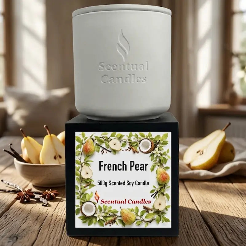 French Pear Candle in a white container, surrounded by pear graphics, showcasing its scent and style.