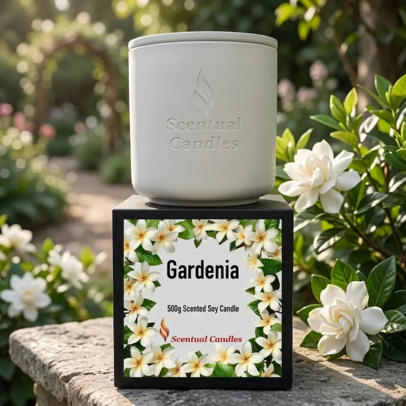 Gardenia Candle - 500g Scented Soy Candle in elegant white jar with floral packaging by Scentual Candles.