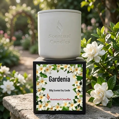 Gardenia Candle - 500g Scented Soy Candle in elegant white jar with floral packaging by Scentual Candles.