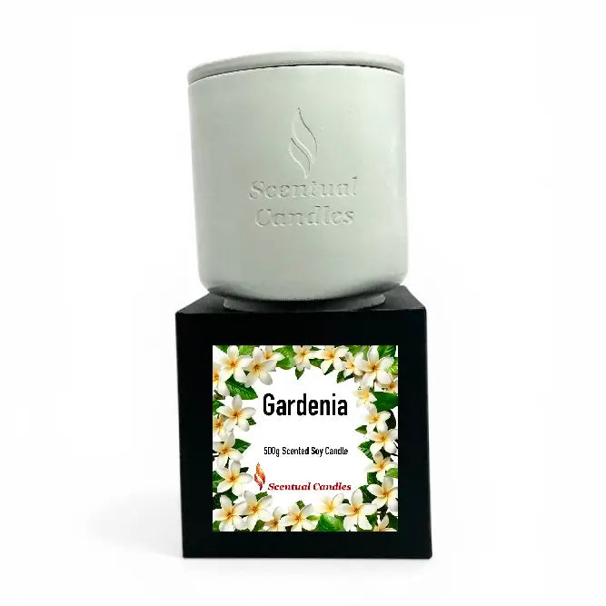 Gardenia Candle in a sleek container with floral label on a black base, showcasing its scented soy creaminess.