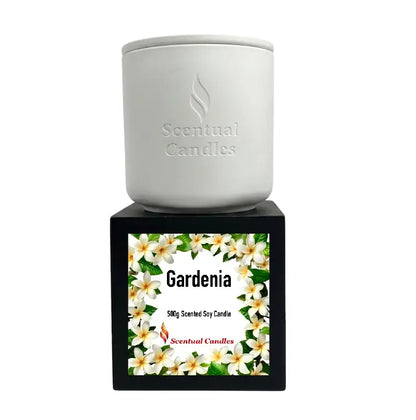 Gardenia Candle - 500g Scented Soy Candle in elegant white jar with floral packaging by Scentual Candles.
