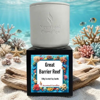 Tropical Scented Candle Great Barrier Reef in a stylish white holder with vibrant packaging.