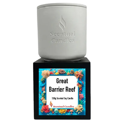 Tropical Scented Candle Great Barrier Reef in a stylish white holder with vibrant packaging.