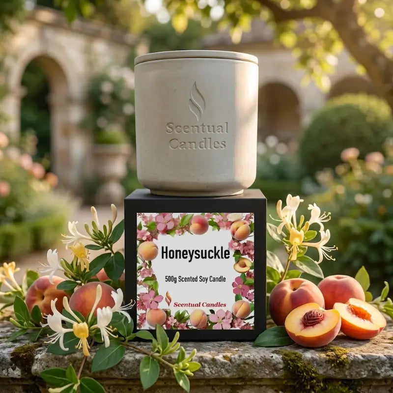 Honeysuckle Candle - 500g Scented Soy Candle with floral and fruit elements in a garden setting.