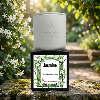 Jasmine Candle in elegant white container with floral design, 500g Scented Soy Candle by Scentual Candles.