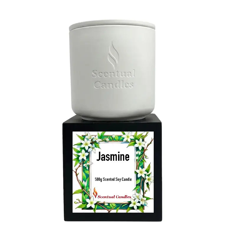 Jasmine Candle in elegant white container with floral design, 500g Scented Soy Candle by Scentual Candles.