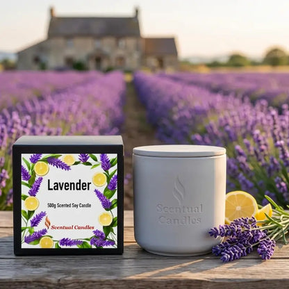 Lavender Candle by Scentual Candles, a 500g scented soy candle featuring a floral and citrus design.