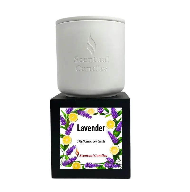 Lavender Candle by Scentual Candles, a 500g scented soy candle featuring a floral and citrus design.