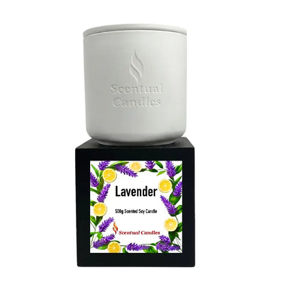 Lavender Candle by Scentual Candles, a 500g scented soy candle featuring a floral and citrus design.