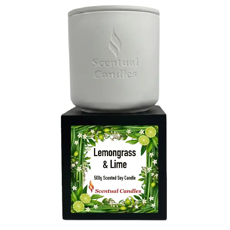 Lemongrass Candle with Lime and Jasmine in a white holder, showcasing Scentual Candles branding.