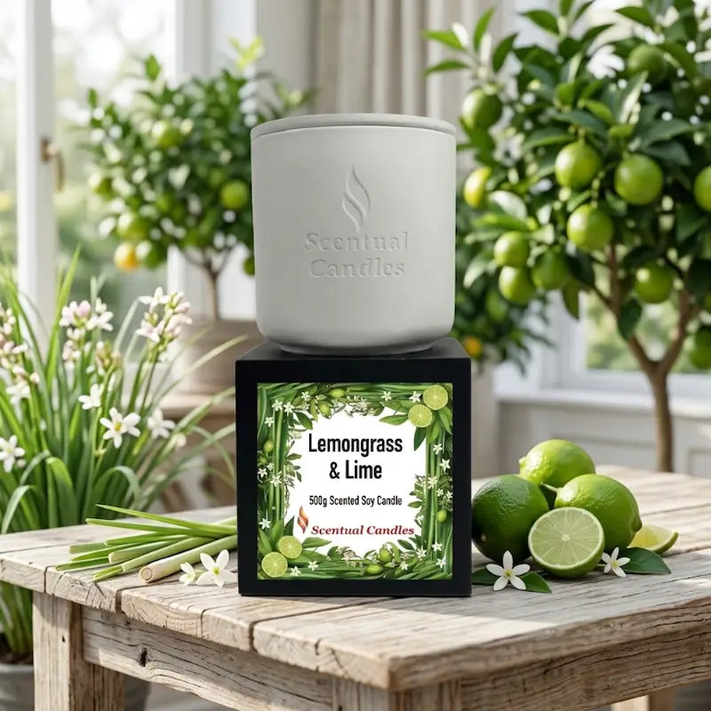 Lemongrass Candle with lime scent in a sleek white jar, perfect for freshening any space.