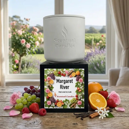 Margaret River Candle in white ceramic jar with floral label design, showcasing 550g scented soy candle from Scentual Candles.
