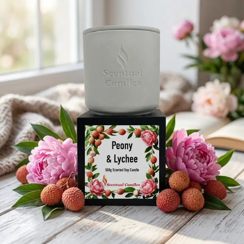Lychee Scented Candle displayed with Peony and Raspberries fragrance label on a stylish stand.