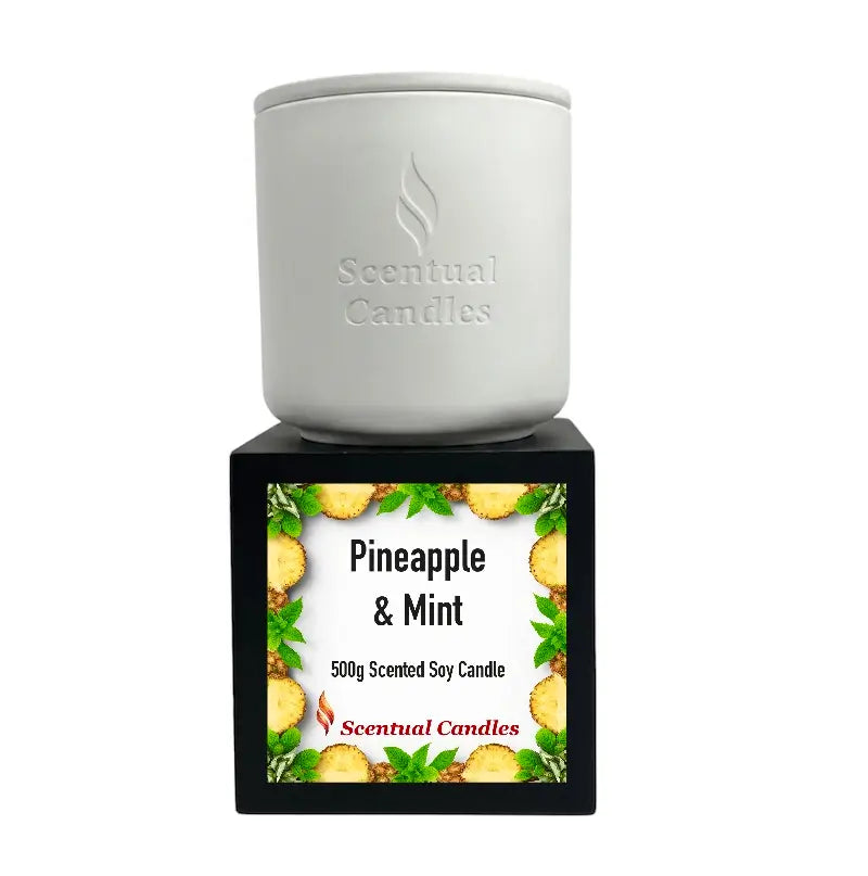 Pineapple and Mint Scented Soy Candle by Scentual Candles in a sleek white jar with a vibrant label.