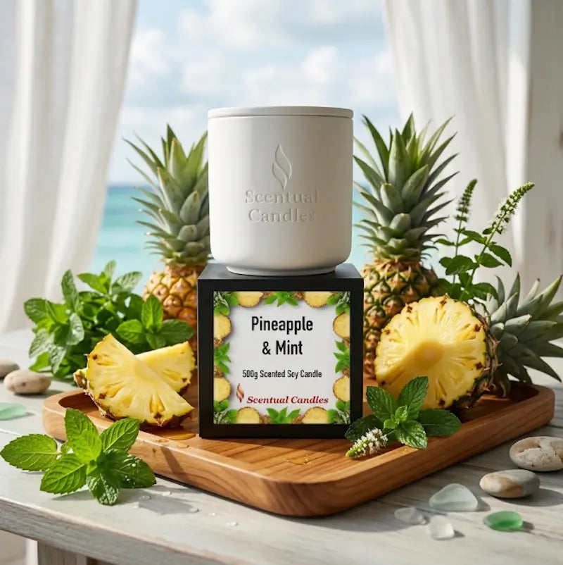Pineapple and Mint Scented Soy Candle by Scentual Candles in a sleek white jar with a vibrant label.