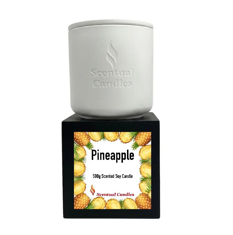 Pineapple Scented Soy Candle in a white container, tropical aroma for an island getaway, 500g.