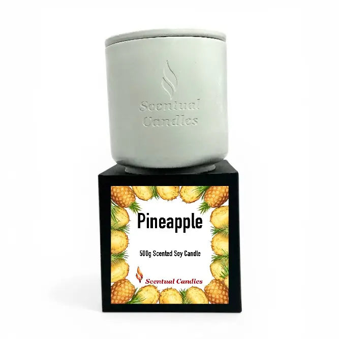 Pineapple Scented Soy Candle in white container with label featuring pineapples and product details