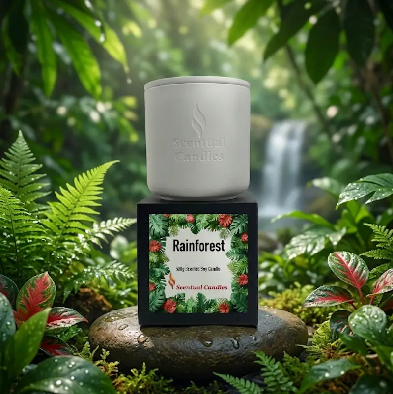 Rainforest Scented Candle in a sleek white container with tropical-themed packaging showcasing vibrant leaves and flowers.