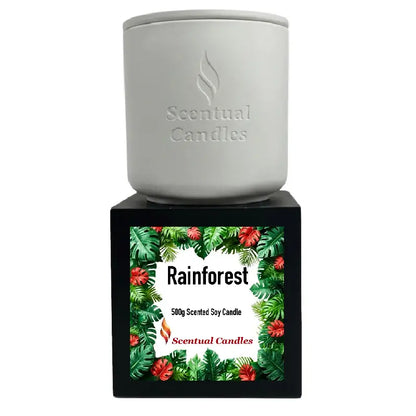 Rainforest Scented Candle in a sleek white container with tropical-themed packaging showcasing vibrant leaves and flowers.