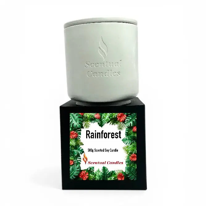 Rainforest Scented Candle in a stylish container, showcasing a lush floral design and branding from Scentual Candles.