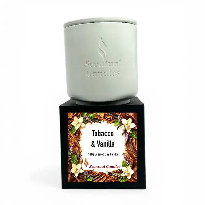 Tobacco Scented Candle with Vanilla in sleek ceramic jar, featuring earthy tobacco and sweet vanilla blend.