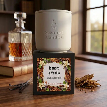 Tobacco Scented Candle displayed in a cozy setting, featuring a rich brown box and elegant design.