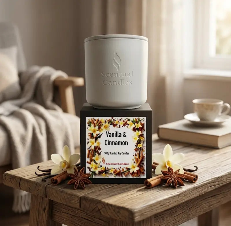 Vanilla and Cinnamon Candle - Scented Soy candle with floral design and spice accents on the packaging.