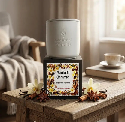 Vanilla and Cinnamon Candle - Scented Soy candle with floral design and spice accents on the packaging.