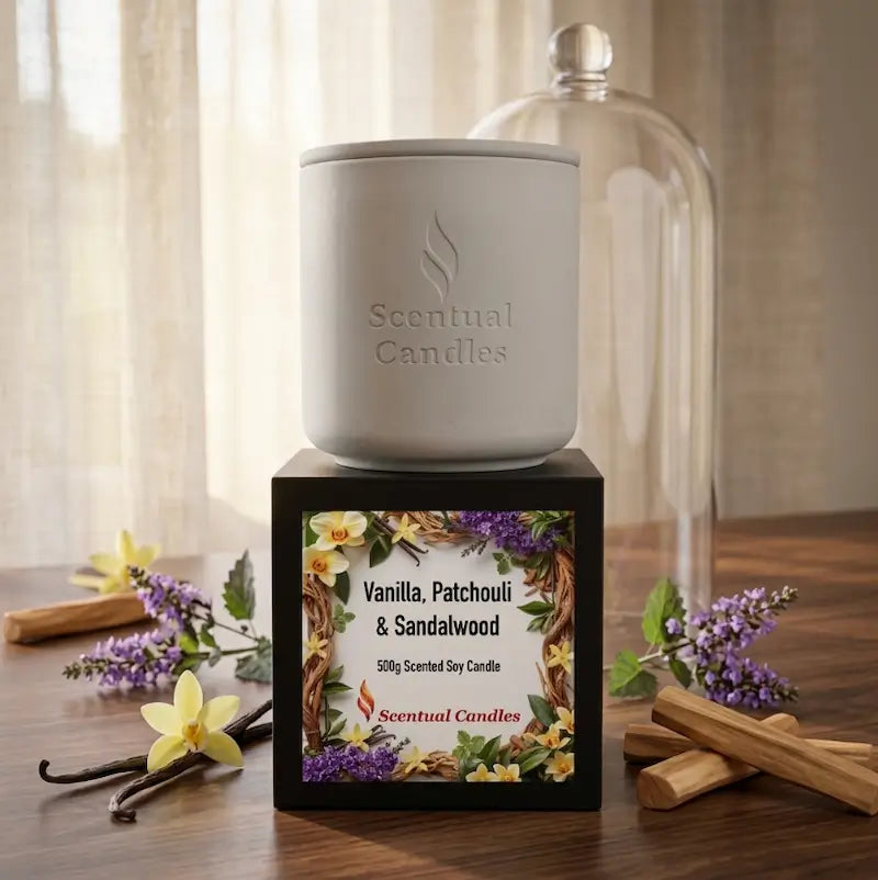 Vanilla Patchouli and Sandalwood scented soy candle in white container from Scentual Candles.