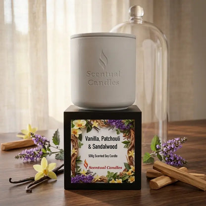 Vanilla Patchouli and Sandalwood scented soy candle in white container from Scentual Candles.