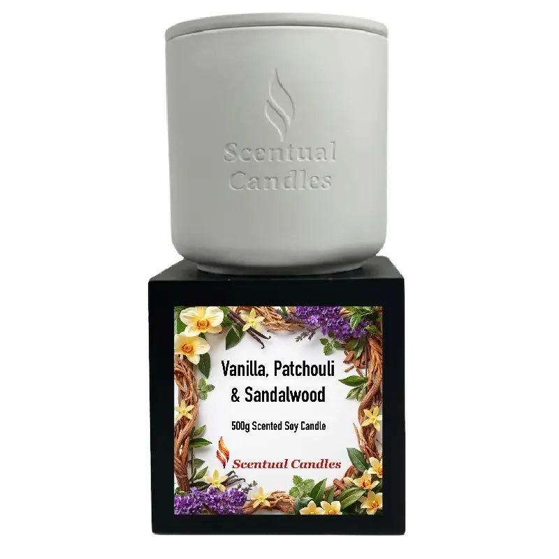 Vanilla Patchouli and Sandalwood scented soy candle in white container from Scentual Candles.