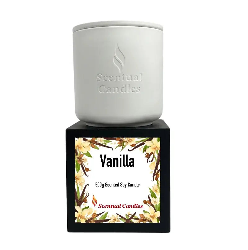 Vanilla Scented Candle in a white container with floral label, 500g scented soy candle by Scentual Candles.