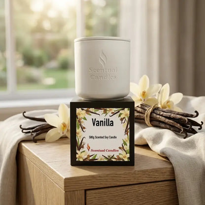 Vanilla Scented Candle in a white container with floral label, 500g scented soy candle by Scentual Candles.
